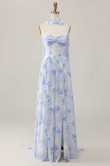 Blue Flower A-Line Strapless Printed Maxi Dress with Slit